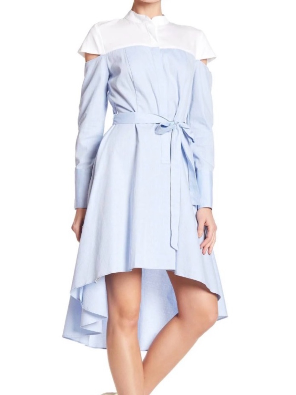 BCBGMaxAzria Light Blue Cold-Shoulder High-Low Dress with Waist Tie